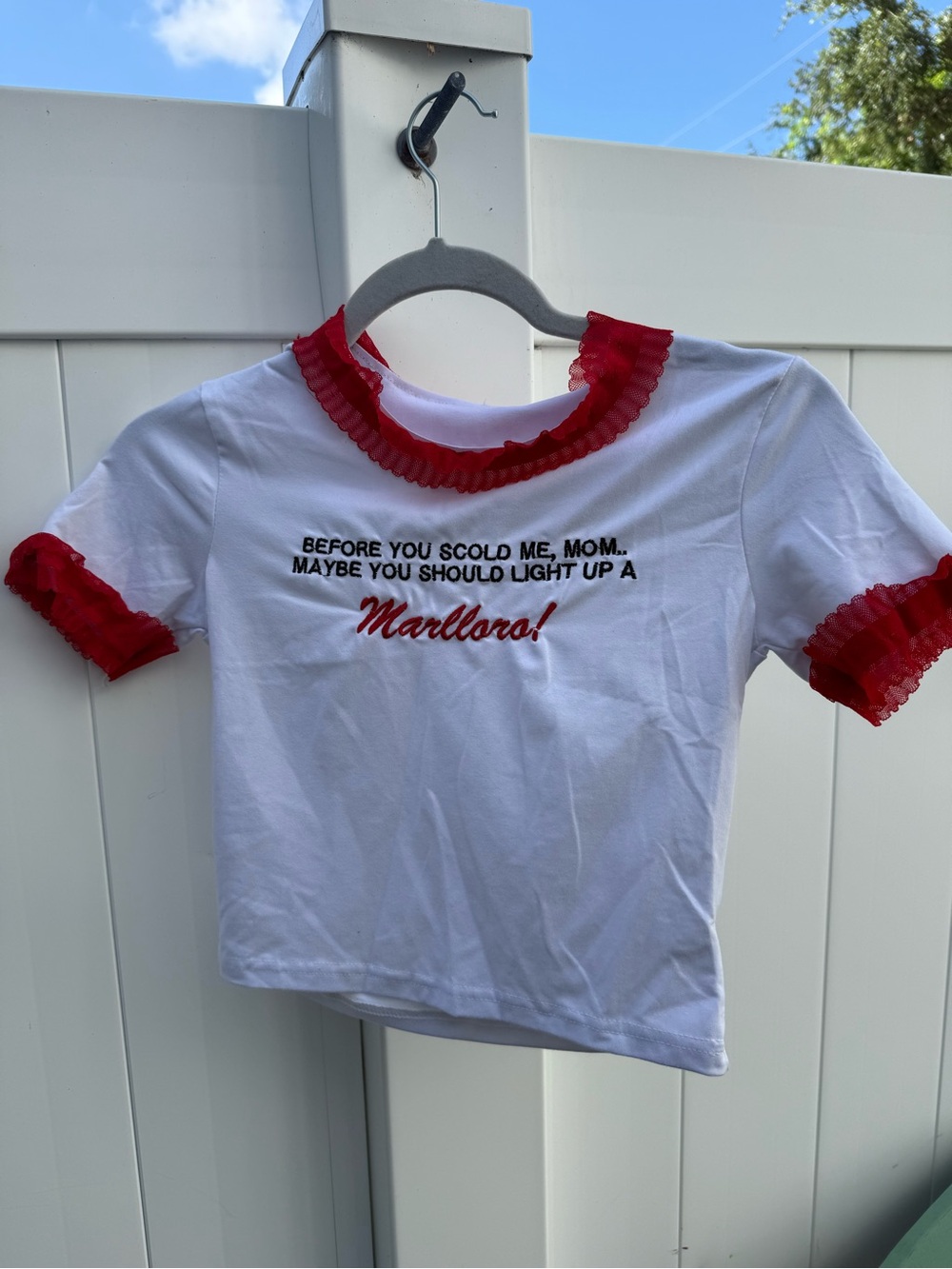 Marlboro White Tee with Red Ruffle Trim and Graphic